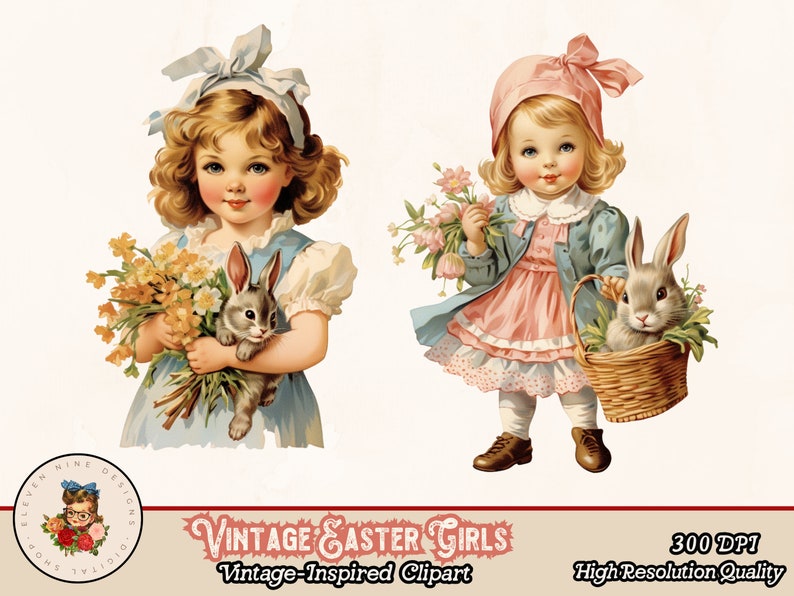 Puede incluir: Dos ilustraciones vintage de ni&ntilde;as con vestidos que sostienen conejos. Una ni&ntilde;a lleva un vestido azul y un lazo azul en el pelo, y sostiene un ramo de flores amarillas. La otra ni&ntilde;a lleva un vestido rosa y un sombrero rosa, y sostiene un conejo en una cesta.
