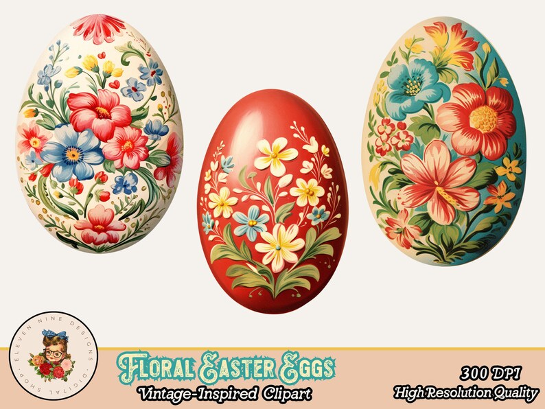 K&ouml;nnte beinhalten: Drei dekorative Ostereier mit floralen Designs. Zwei Eier sind wei&szlig; mit roten, blauen und gelben Blumen. Das mittlere Ei ist rot mit wei&szlig;en, gelben und blauen Blumen. Der Text "FLORAL EASTER EGGS Vintage-Inspired Clipart" ist enthalten.
