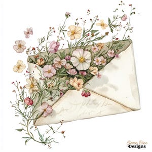 May include: Watercolor illustration of an open envelope overflowing with a variety of flowers in shades of white, pink, and yellow. Delicate sprigs and small flowers surround the envelope, creating a whimsical, floral design. The envelope has a vintage, aged appearance.