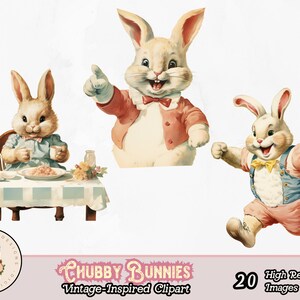 May include: Three vintage illustrations of cartoon bunnies. One bunny is sitting at a table with a bowl of cereal and a glass of milk. Another bunny is pointing with its right paw. The third bunny is running with its right paw raised. All three bunnies are wearing clothing and have a cheerful expression.