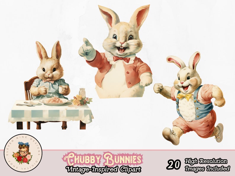 May include: Three vintage illustrations of cartoon bunnies. One bunny is sitting at a table with a bowl of cereal and a glass of milk. Another bunny is pointing with its right paw. The third bunny is running with its right paw raised. All three bunnies are wearing clothing and have a cheerful expression.