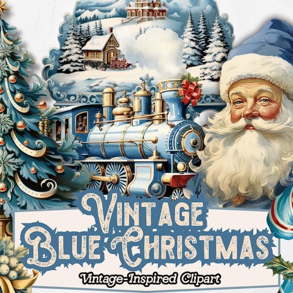 Blue Christmas Clipart, Vintage Blue Christmas PNG, Blue Winter Clipart, Blue Santa PNG, for Paper Crafts, Digital Instant Download