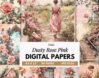 Vintage Rose Digital Papers, Pink Roses Scrapbook Art, Floral Junk Journal Pages, Printable Vintage Garden Ephemera Backgrounds