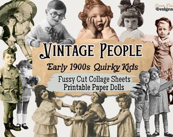 May include: Vintage paper dolls of children from the early 1900s. The dolls are black and white and have a whimsical, quirky style. The image includes the text "Vintage People Early 1900s Quirky Kids Fussy Cut Collage Sheets Printable Paper Dolls".