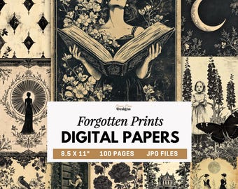 Forgotten Prints Digital Paper, Antique Book Pages, Vintage Illustrations, Black & Cream Ephemera, Victorian Floral Junk Journal Backgrounds