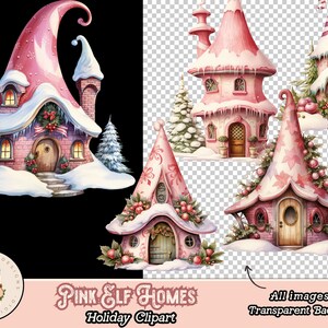 May include: Four pink and white elf houses with snow-covered roofs and candy cane accents. The houses have detailed gingerbread trim and are decorated with holly and berries.  Pink Elf Homes Holiday Clipart.