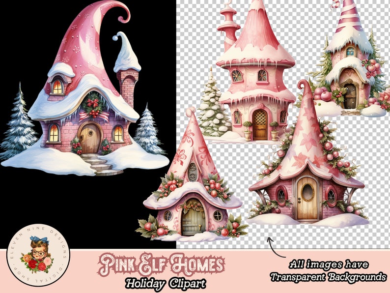 May include: Four pink and white elf houses with snow-covered roofs and candy cane accents. The houses have detailed gingerbread trim and are decorated with holly and berries.  Pink Elf Homes Holiday Clipart.