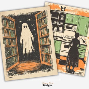 May include: Two vintage-style illustrations. The first shows a ghost floating in a room with bookshelves on either side. The second shows a woman standing in a kitchen with green cabinets and a stove.
