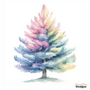 May include: Watercolor illustration of a Christmas tree in pastel colors. The tree features a gradient of pink, yellow, blue, and green hues. The tree has a brown trunk and is set against a white background. The text "Eleven Nine Designs" is in the bottom right corner.