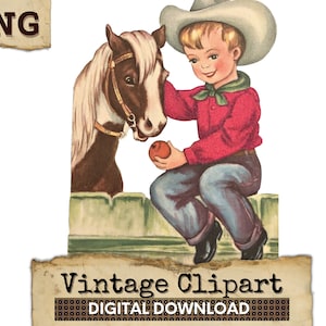 Cowboy PNG, Cowboy Clipart, Vintage Cowboy Horse Digital Download, Country Western Vintage Retro Clipart, Children PNG, Images for Crafts