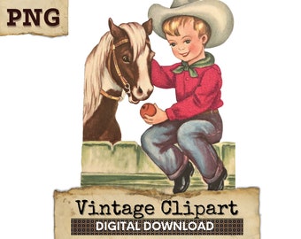 Cowboy PNG, Cowboy Clipart, Vintage Cowboy Horse Digital Download, Country Western Vintage Retro Clipart, Children PNG, Images for Crafts