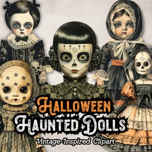 Vintage poppen clipart, Halloween Spooky Dolls, gotische poppen, Paperdolls PNG, commercieel gebruik, voor plakboeken, tijdschriften, digitale download