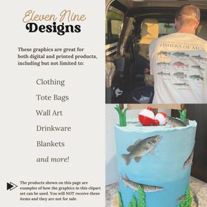 May include: A blue and white cake decorated with a fishing theme. The cake has a blue frosting base with white frosting on top. There are several fish, a fishing bobber, and green reeds on the cake. The text "FISHERS OF MEN" is on a white t-shirt in the background.
