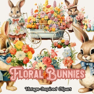 Osterhase PNG Clipart, Floral Ostern Clipart, niedlichen Ostern Clipart, Osterblumen, Osterkörbe, Frühling Floral digitale Clipart