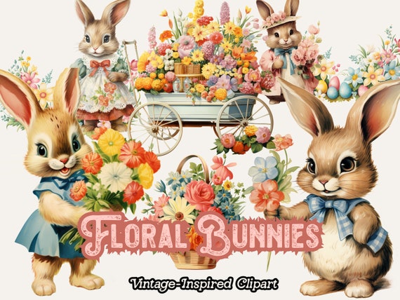 Easter Bunny PNG Clipart, Floral Easter Clipart, Cute Easter Clipart, Easter Flowers, Easter Baskets, Spring Floral Digital Clipart