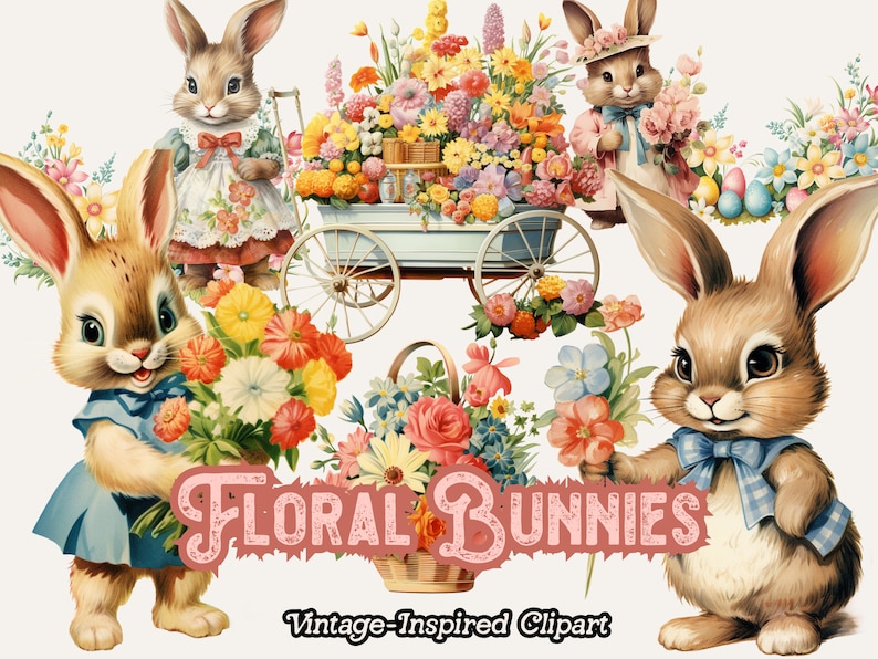May include: Four brown bunnies with floral accents. The bunnies are wearing blue, pink, and white clothing. The bunnies are surrounded by colorful flowers and a wagon filled with flowers. The text "Floral Bunnies" is written in pink and white letters. The text "Vintage-Inspired Clipart" is written in black letters.