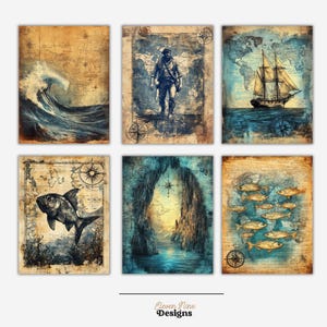 May include: Set of six vintage-style nautical prints featuring a wave, a pirate, a ship, a fish, a cave, and a school of fish. The prints are in shades of blue, brown, and yellow, with a distressed, aged look.