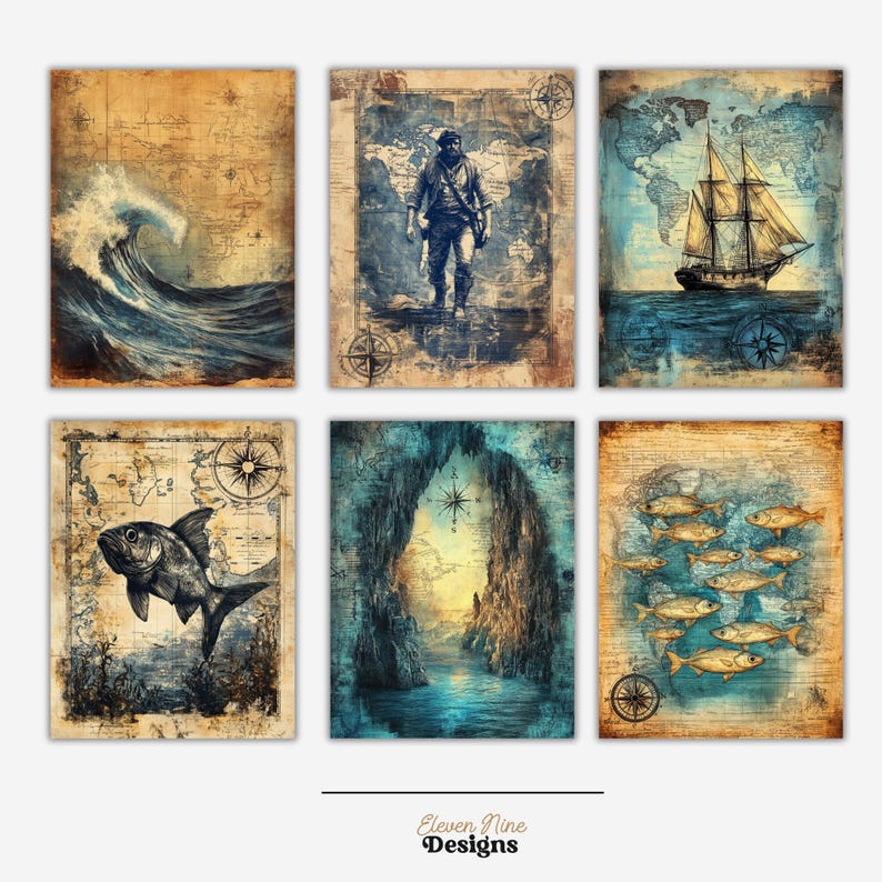May include: Set of six vintage-style nautical prints featuring a wave, a pirate, a ship, a fish, a cave, and a school of fish. The prints are in shades of blue, brown, and yellow, with a distressed, aged look.