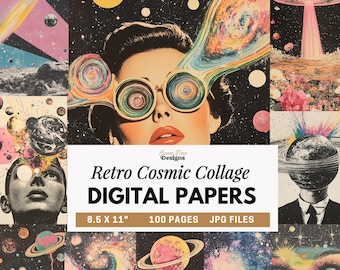 Galaxy Digital Paper, Space Scrapbook Paper, Cosmic Collage Backgrounds, Retro Sci-Fi Space Art, Surreal Psychadelic Junk Journal Printable