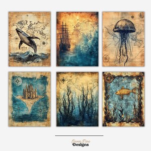 May include: Set of six vintage-style illustrations featuring nautical themes. The illustrations include a whale, a ship, a jellyfish, a castle on an island, seaweed, and a fish. The illustrations are in shades of blue, brown, and white, and have a distressed, aged look.