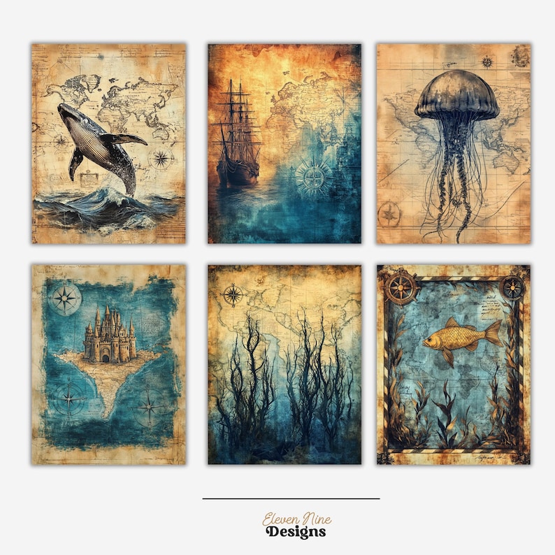 May include: Set of six vintage-style illustrations featuring nautical themes. The illustrations include a whale, a ship, a jellyfish, a castle on an island, seaweed, and a fish. The illustrations are in shades of blue, brown, and white, and have a distressed, aged look.