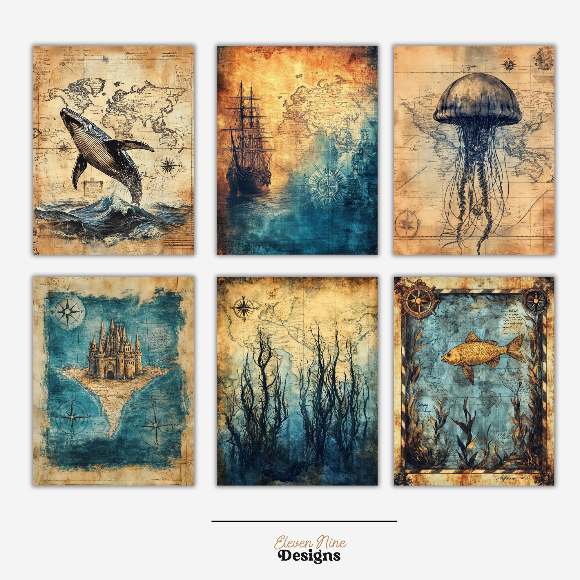 Vintage Nautical Digital Paper - Ocean Map Sea Life Background ...