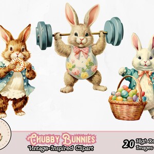 May include: Three cartoon bunnies in vintage style illustrations. One bunny is lifting weights, one is holding a basket of Easter eggs, and one is holding a donut.