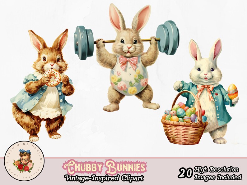 May include: Three cartoon bunnies in vintage style illustrations. One bunny is lifting weights, one is holding a basket of Easter eggs, and one is holding a donut.