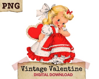 Vintage Valentines Clipart, Retro Valentines, Retro Clipart, Valentine Digital Download, Vintage Printable Valentines Girl PNG