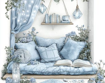 Cozy Reading Nook Clipart, Boho Reading Corner Illustration, Book Lover Decor Art, Boho Meditation Interior Watercolor JPG