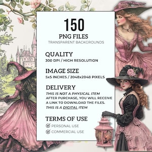 Op de afbeelding: Een digitale download van 150 hoge resolutie PNG-bestanden met vintage illustraties van vrouwen in verschillende poses. De afbeeldingen hebben transparante achtergronden en zijn 12,7 x 12,7 cm groot, waardoor ze perfect zijn voor knutselen en digitale projecten.