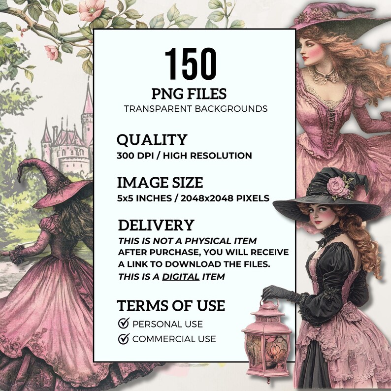 Op de afbeelding: Een digitale download van 150 hoge resolutie PNG-bestanden met vintage illustraties van vrouwen in verschillende poses. De afbeeldingen hebben transparante achtergronden en zijn 12,7 x 12,7 cm groot, waardoor ze perfect zijn voor knutselen en digitale projecten.