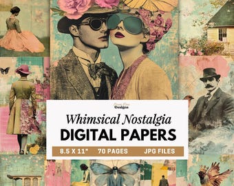 Whimsical Nostalgia Digital Papers, Vintage Collage Backgrounds, Retro Quirky Mixed Media, Junk Journal Scrapbook Printables