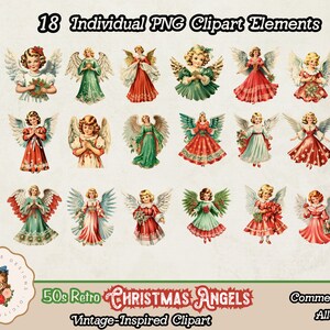 May include: Set of 18 vintage-inspired Christmas angel clipart illustrations. Each angel is depicted with a halo, wings, and a flowing dress. The angels are in various poses and have different colored dresses and hair.