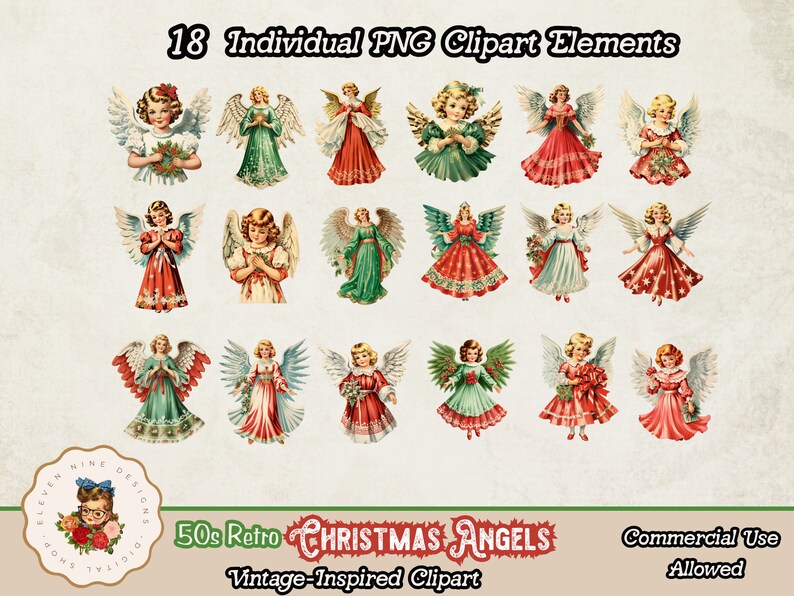 May include: Set of 18 vintage-inspired Christmas angel clipart illustrations. Each angel is depicted with a halo, wings, and a flowing dress. The angels are in various poses and have different colored dresses and hair.