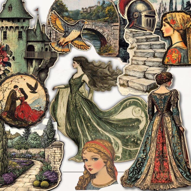Pu&ograve; includere: Una collezione di ritagli di carta in stile vintage con illustrazioni di scene medievali. Include una donna in abito verde, un castello, un elmo da cavaliere, un ponte e una coppia che balla. La tavolozza dei colori &egrave; attenuata con verdi, blu e rossi.