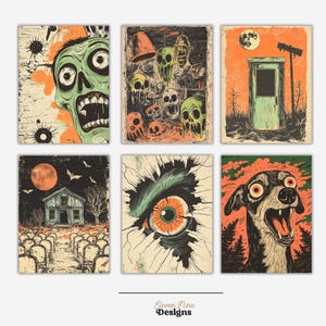 May include: Set of six vintage-style Halloween illustrations featuring a zombie, a skull, a house, an eye, a dog, and a outhouse. The illustrations are in a distressed, hand-drawn style with a retro color palette.