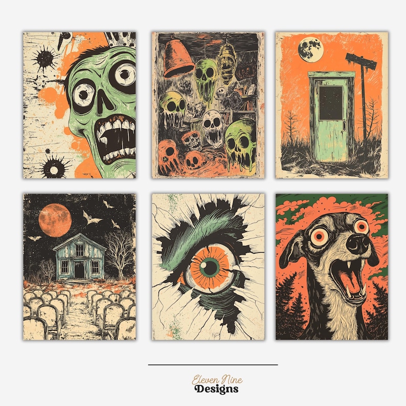 May include: Set of six vintage-style Halloween illustrations featuring a zombie, a skull, a house, an eye, a dog, and a outhouse. The illustrations are in a distressed, hand-drawn style with a retro color palette.