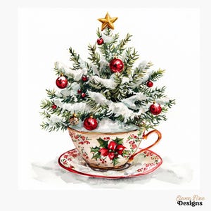 May include: A watercolour illustration depicts a Christmas tree in a teacup. The tree is adorned with red baubles and a gold star. The teacup and saucer feature a floral pattern with red and green details. The image includes the text "Eleven Nine Designs".