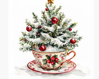Weihnachten Teetasse JPG ClipArt, Aquarell Urlaub Teetassen, Vintage Weihnachtstasse Illustrationen, hochwertige JPG Digital Download Printable