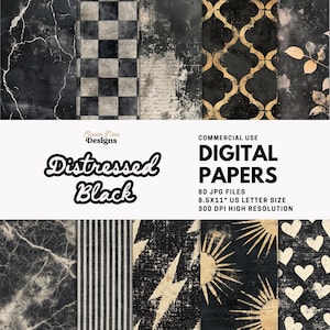 Op de afbeelding: Een verzameling distressed zwarte digitale papieren met diverse patronen, waaronder marmer, dambord en gouden geometrische ontwerpen. De afbeelding bevat de tekst "Distressed Black" en "Digital Papers". De papieren zijn 21,6 x 27,9 cm groot.