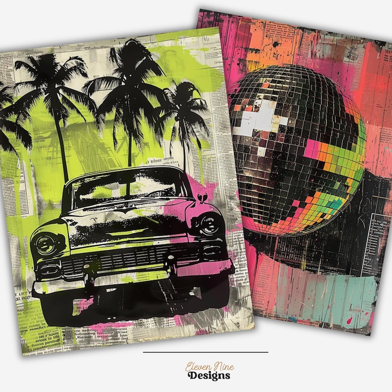 May include: Two colorful abstract art prints. The first print features a black silhouette of a vintage car with palm trees in the background. The second print features a large, colorful disco ball.
