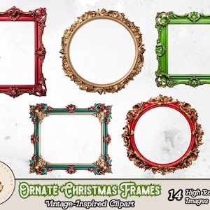 Op de afbeelding: Set van 14 versierde kerstframes in rood, groen en goud. De frames zijn ge&iuml;nspireerd op vintage en perfect om een ​​toets van kerstsfeer aan je projecten toe te voegen.