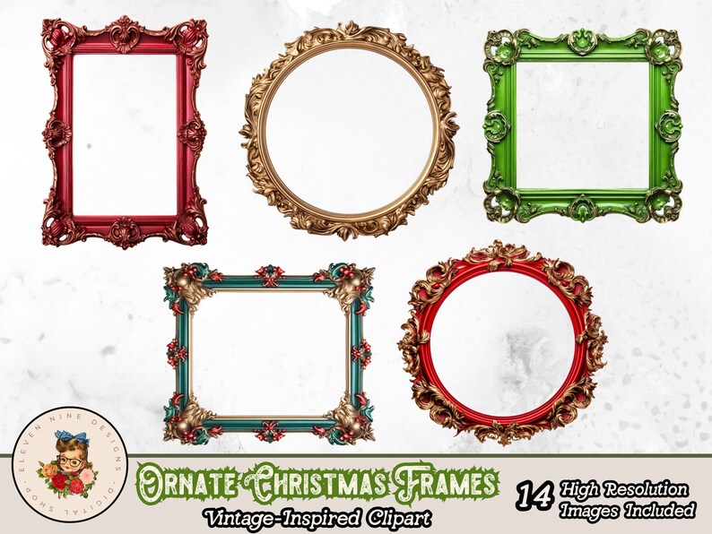 Op de afbeelding: Set van 14 versierde kerstframes in rood, groen en goud. De frames zijn ge&iuml;nspireerd op vintage en perfect om een ​​toets van kerstsfeer aan je projecten toe te voegen.