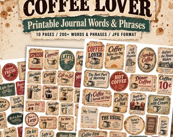 Coffee Lover Journal Words, Printable Coffee Ephemera, Vintage Junk Journal Phrases, Scrapbook Labels, Coffee Collage JPG Download