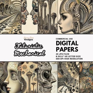 May include: A collection of digital papers with a futuristic mechanical theme. The image includes various artistic renderings of mechanical faces, architectural structures, and abstract designs. The text on the image reads "Futuristic Mechanical" and "Digital Papers".