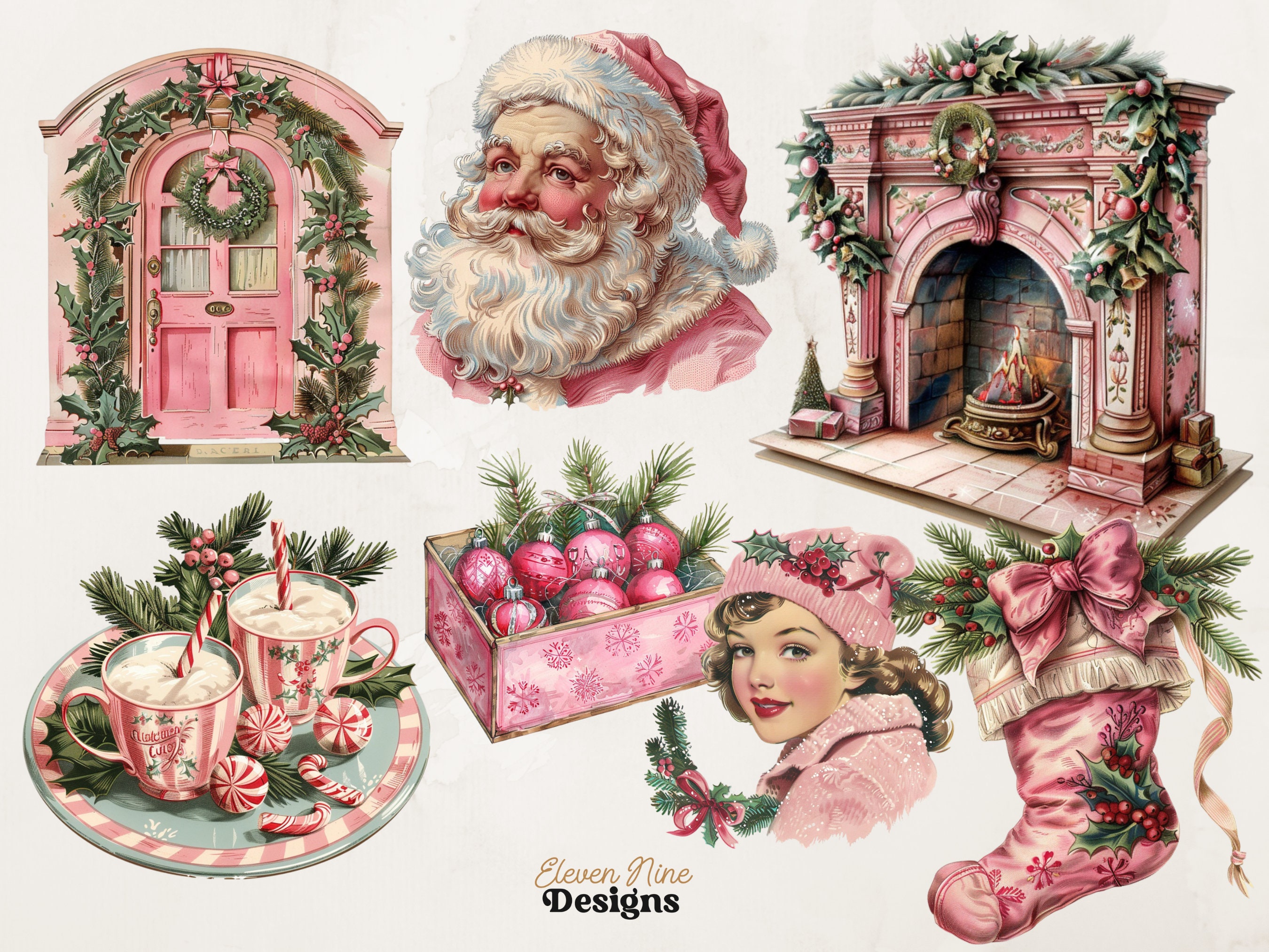 Pink Christmas Clipart Bundle | 150+ Vintage Holiday Pngs | Retro Pink ...