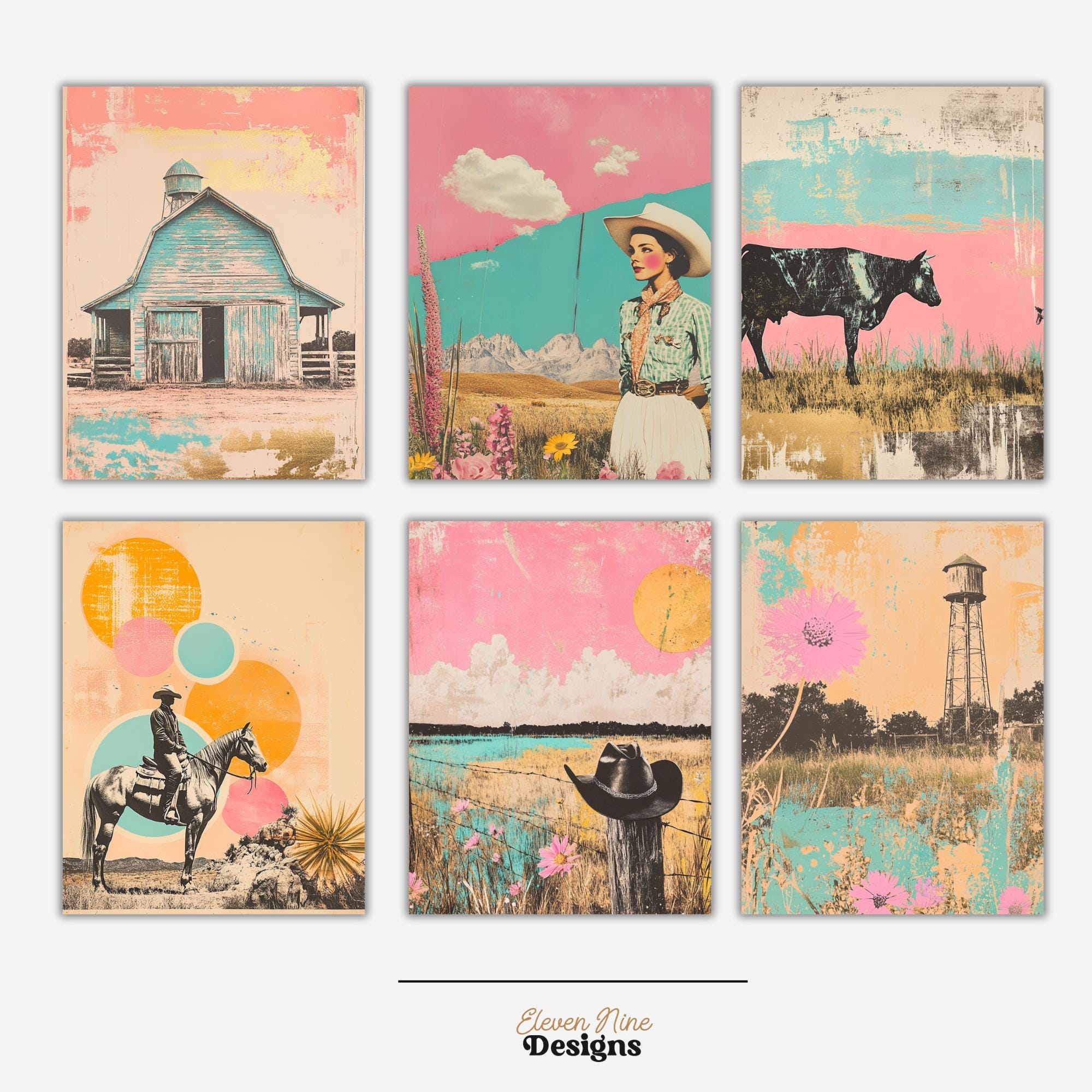 retro cowgirl art prints - set of 3 - digital download... Retro Pop Western Digital Paper, Cowgirl Cowboy Collage Art, Surreal ...