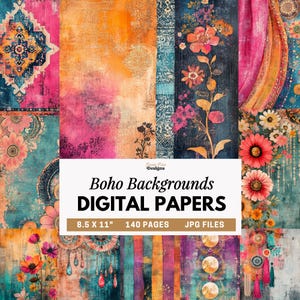Può includere: Un collage di carte digitali colorate a tema boho. Le carte presentano disegni floreali e astratti nei toni del rosa, arancione, verde acqua e blu. Il testo sull'immagine recita "Boho Backgrounds DIGITAL PAPERS" e "8.5 X 11" 140 PAGES JPG FILES."