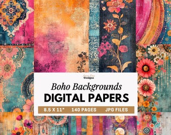 May include: A collage of colorful digital papers with a boho theme. The papers feature floral and abstract designs in shades of pink, orange, teal, and blue. Text on the image reads "Boho Backgrounds DIGITAL PAPERS" and "8.5 X 11" 140 PAGES JPG FILES."